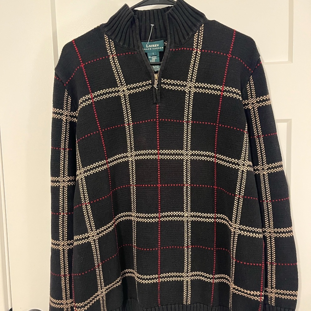 VTG Lauren Ralph Lauren Black Plaid 100% Cotton 1/4 Zip Pullover Sweater LG NWOT